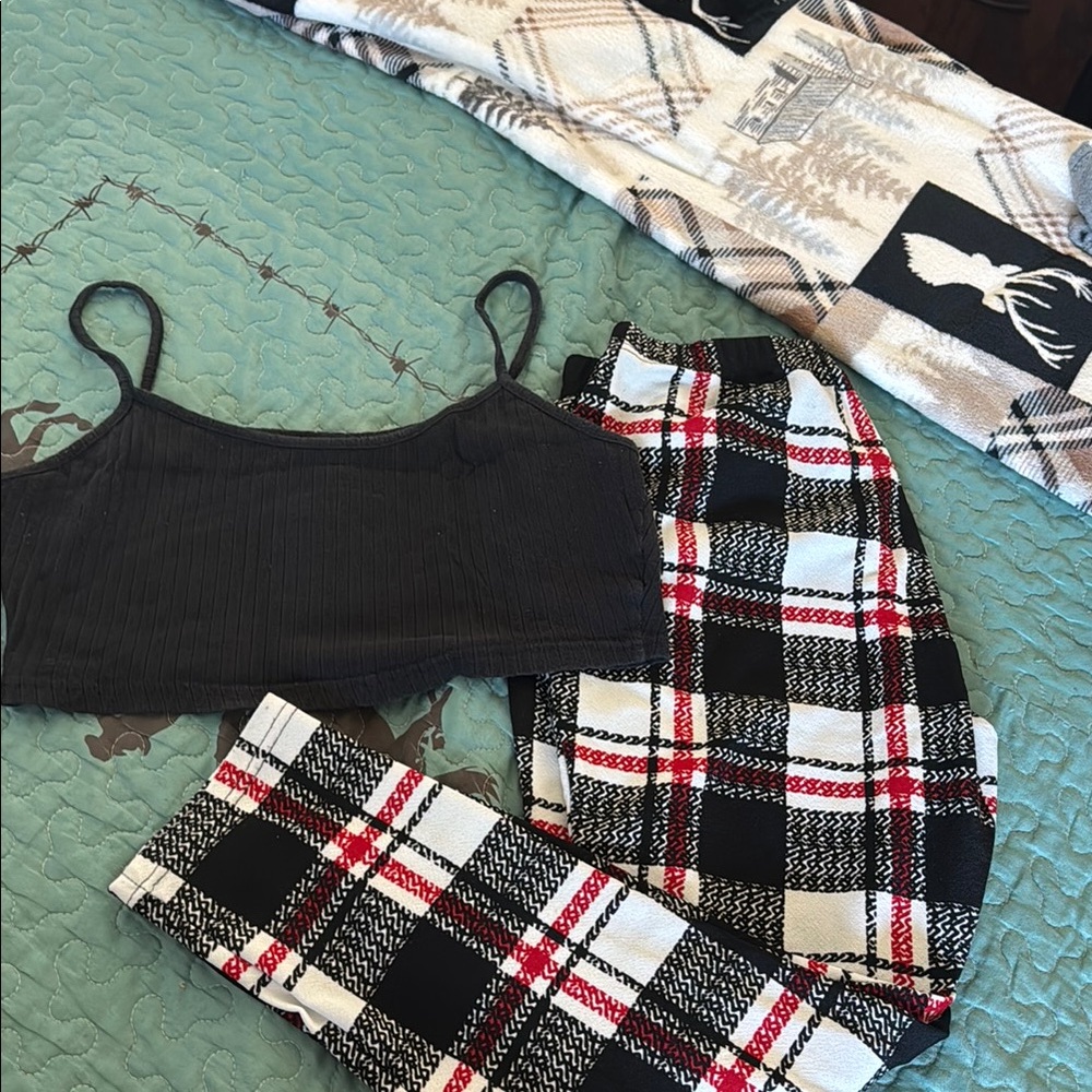 Black Crop Top and Plaid Pants Set